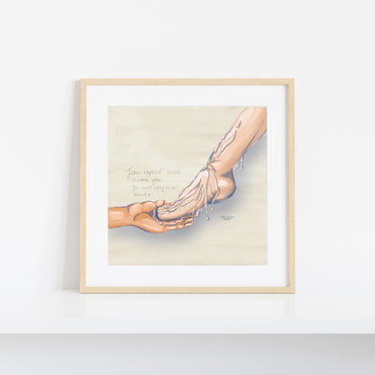 A framed art print featuring a watercolor-style anatomical illustration of a foot and ankle with a hand touching it, displayed on a clean white wall.