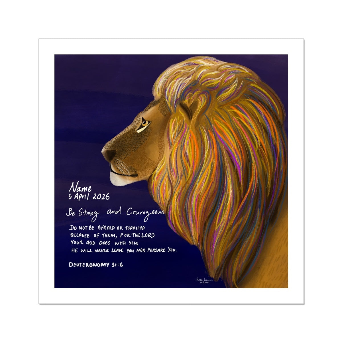Personalised Name & Date Gift| Lion of Judah - Deuteronomy 31:6 | Premium Fine Art Print Christian wall art for men